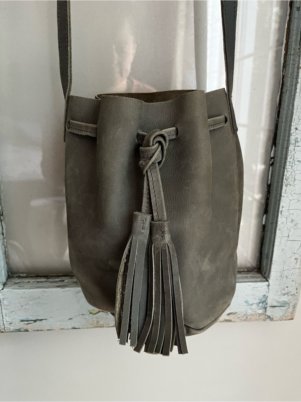 Able Gray Leather Tassel Bucket Bag - Womens Shoulder Bag